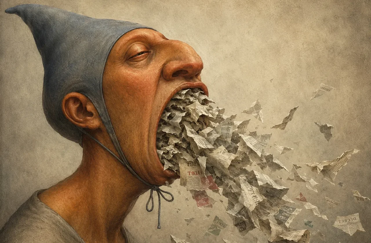 Une illustration de style ancien montrant un homme coiffé d'un bonnet gris, la bouche grande ouverte, d'où jaillit une cascade de papier journal froissé qui s'envole en désordre sur un fond sépia. Cette image évoque une overdose d'informations et la surcharge médiatique.