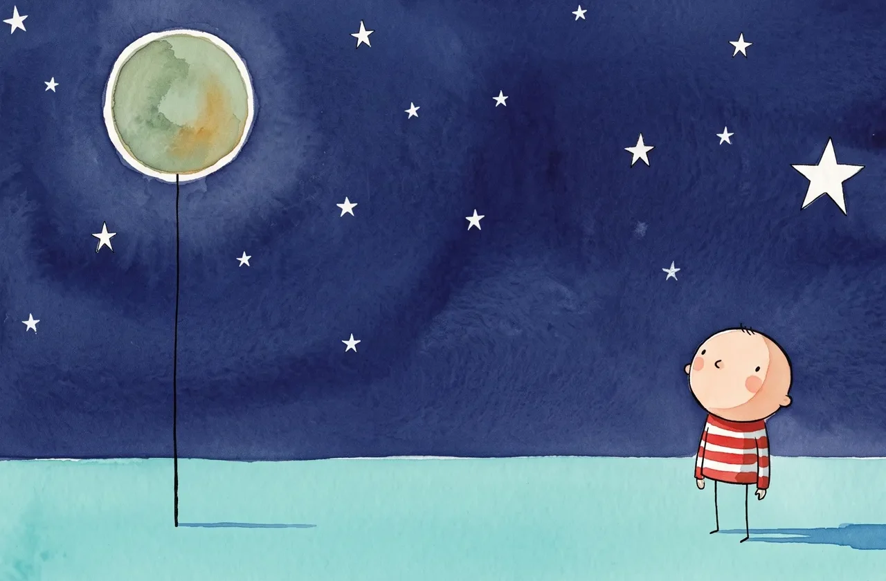 Illustration minimaliste style aquarelle d'un enfant au pull rayé regardant les étoiles, symbolisant l'estime de soi et la confiance en soi chez les jeunes sur le portail Générations de demain.