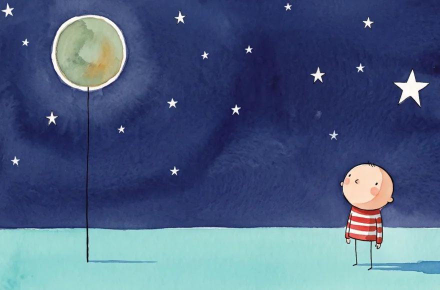 Illustration minimaliste style aquarelle d'un enfant au pull rayé regardant les étoiles, symbolisant l'estime de soi et la confiance en soi chez les jeunes sur le portail Générations de demain.