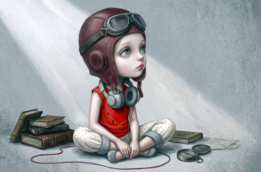 Illustration d'une fillette pensive avec un casque d'aviateur rétro pour l'article sur la tempête de l'adolescence - Portail Générations de Demain.