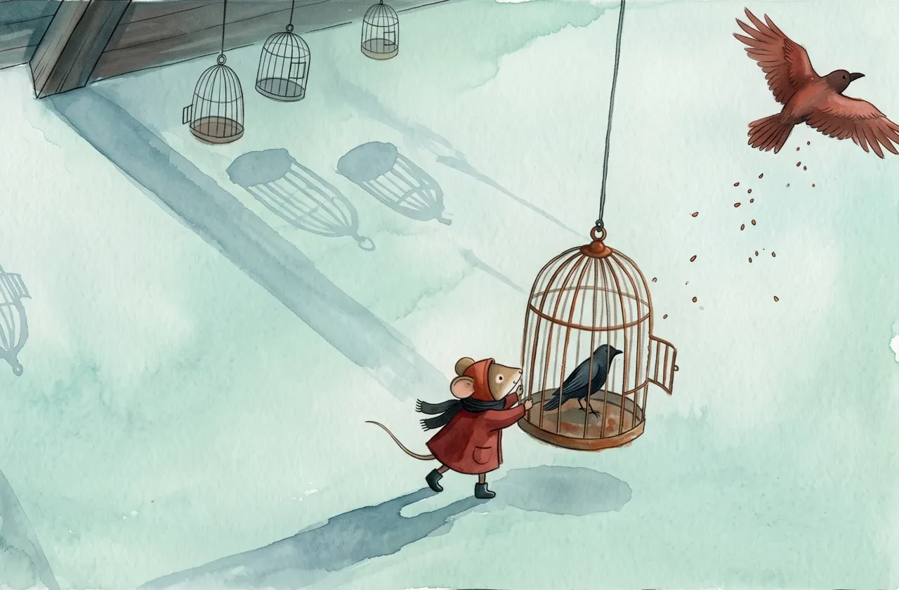 Illustration poétique d'un souriceau en manteau rouge déplaçant une cage avec un oiseau noir, symbolisant le décryptage de l'adolescence, la quête de liberté et la santé mentale des jeunes.
