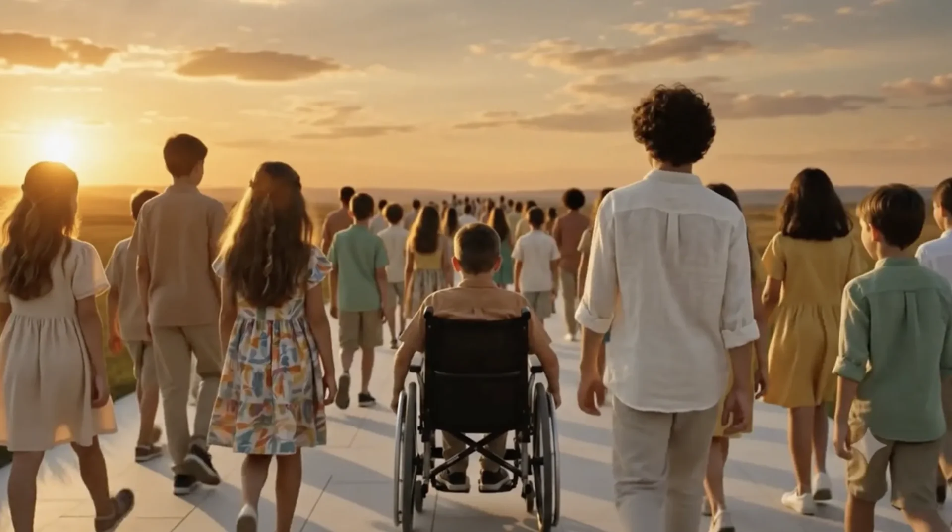 Générations de Demain : des enfants et adolescents marchent ensemble vers l'avenir, dont un enfant en fauteuil roulant, symbole d'un média citoyen participatif dédié à l'éducation, à la jeunesse, à l'inclusion, à la santé mentale et à l'avenir des générations futures.
